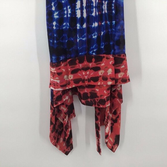 BCBGMaxazria Women's Sz XXS Red/Blue Persian 100% Silk Sleeveless Wrap Blouse - Picture 2 of 7